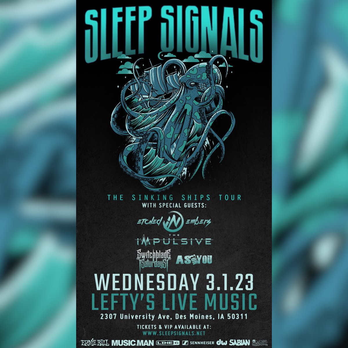 Day one of our run with Sleep Signals begins today! First stop Des Moines, IA at Lefty’s along with our boys in Etched In Embers, Switchblade Saturdays, and As For You. 🔥🤘🏻🔥

<a href="/LeftysLiveMusic/">LeftysLive Music</a> <a href="/sleepsignals/">Sleep Signals</a> <a href="/EmbersEtched/">Etched In Embers</a> <a href="/switchblade515/">SwitchbladeSaturdays</a>
