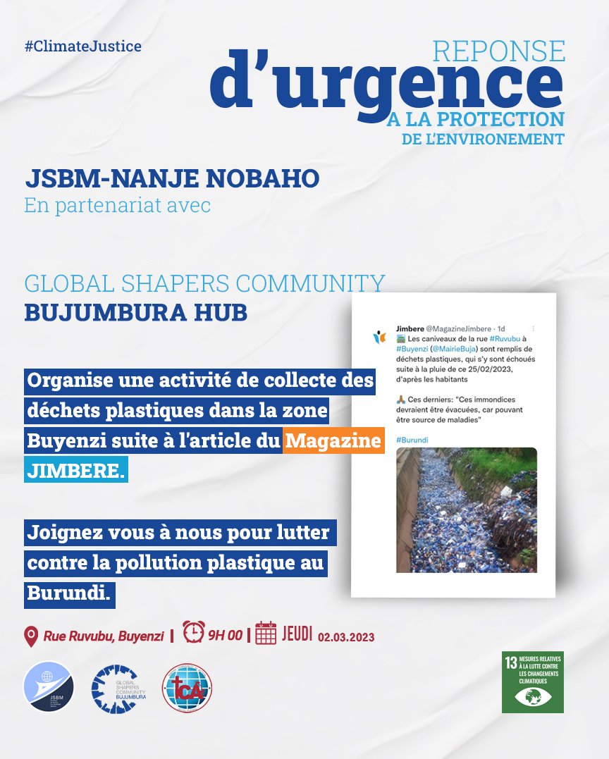 Le plastique contient des polluants toxiques qui endommagent l’#environnement et causent la pollution des sols, de l’eau et de l’air. Joignez-vous à ns demain à #Buyenzi, rue #Ruvubu dans une collecte des déchets plastiques pour leur recyclage au Centre Nanje Nobaho. #Burundi