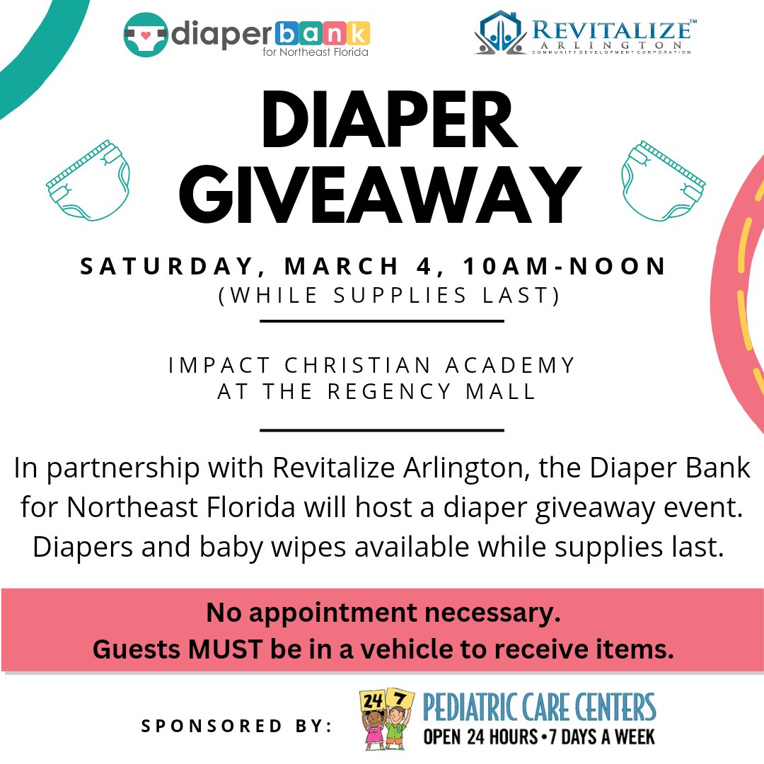 Diaper Giveaway Event this Saturday, March 4 with @rajacksonville at @ImpactChurchJax. Diapers, baby wipes and other items available while supplies last.