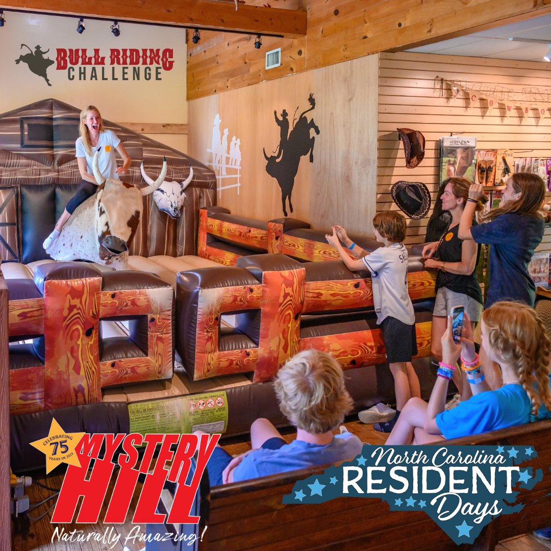 All month long NC residents can save big at Mystery Hill- and that's no bull! 🤠 Bring your crew and take on the challenge of the Rodeo Rampage Bull! #mysteryhill #visitnc #exploreboone #blowingrock #naturallyamazing