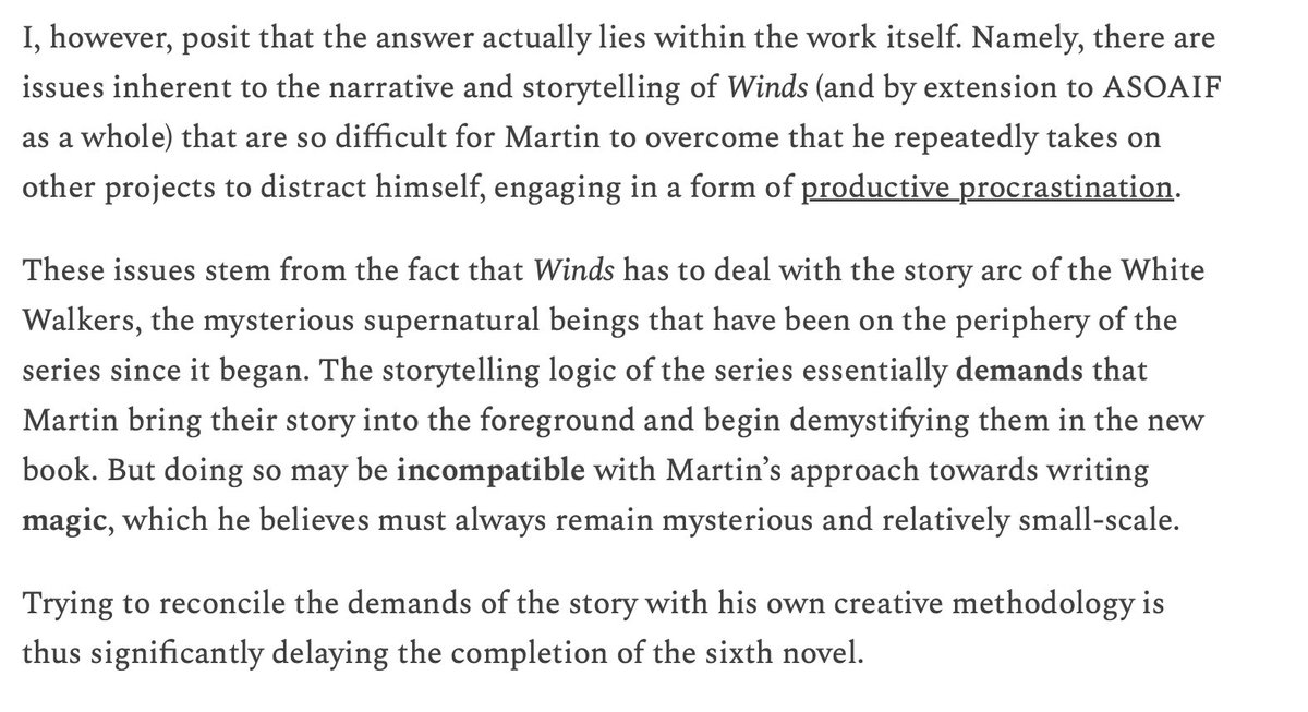mls532's tweet image. I wrote about why I believe #WindsofWinter is really taking so long: Martin has to begin dealing with the White Walker story arc, and it's clashing with his approach to writing MAGIC. (1) #GameofThrones #gameofthronesfans #asoiaffans  #ASOIAF