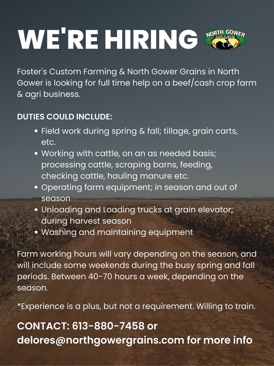 Looking for a career in Agriculture?

We're hiring! No experience require. 

Contact Delores 613-880-7458 or delores@northgowergrains.com for more information or to submit your resume.
#northgowergrains