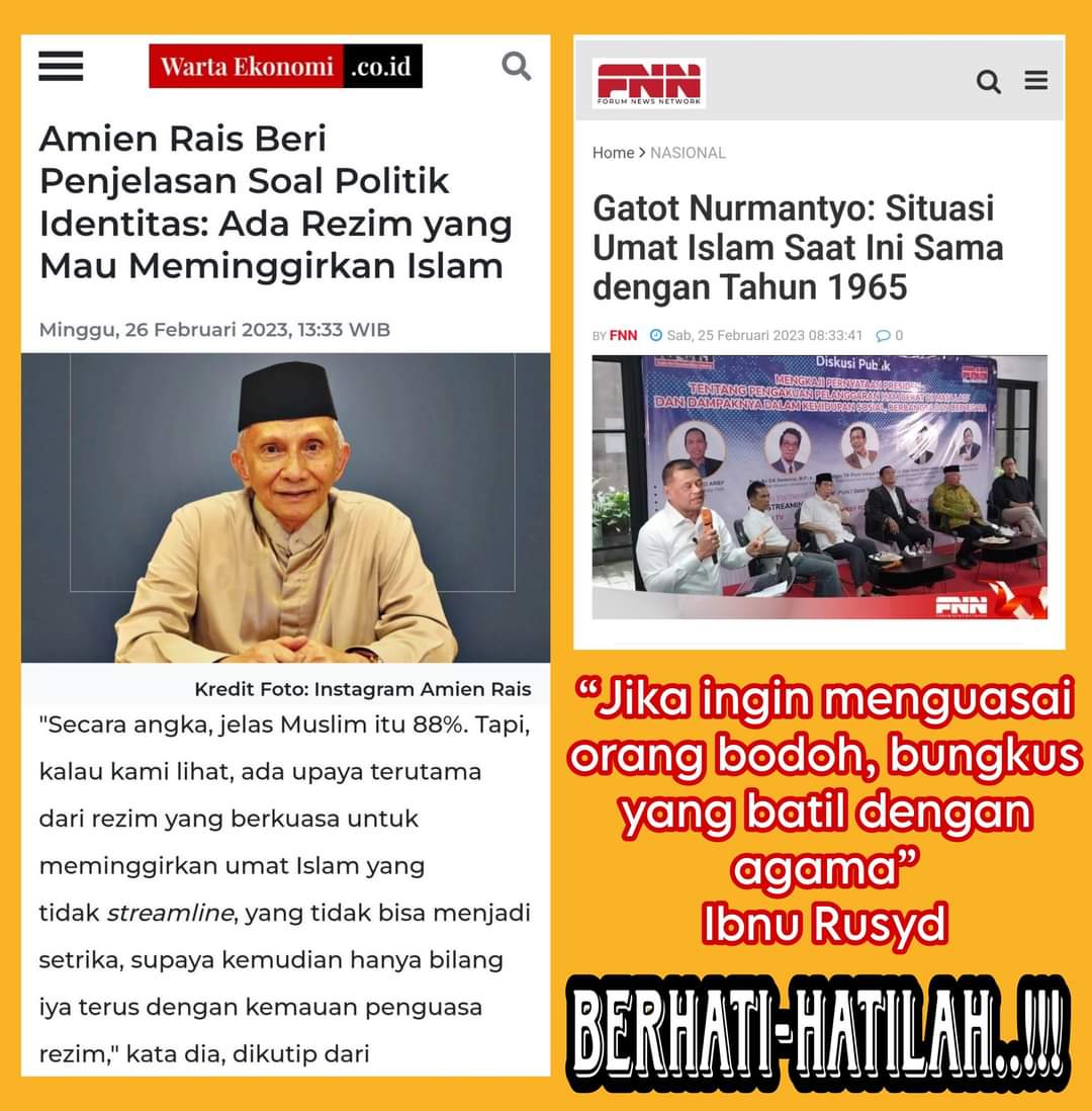 Ingin didukung banyak orang, tapi ga punya prestasi, akhirnya agama yg dijual.
Ingin menjatuhkan lawannya, tapi lawannya tdk punya kelemahan, akhirnya agama juga yg dijual.
Islam seharusnya jadi pedoman dlm berpolitik, bkn jadi barang dagangan.