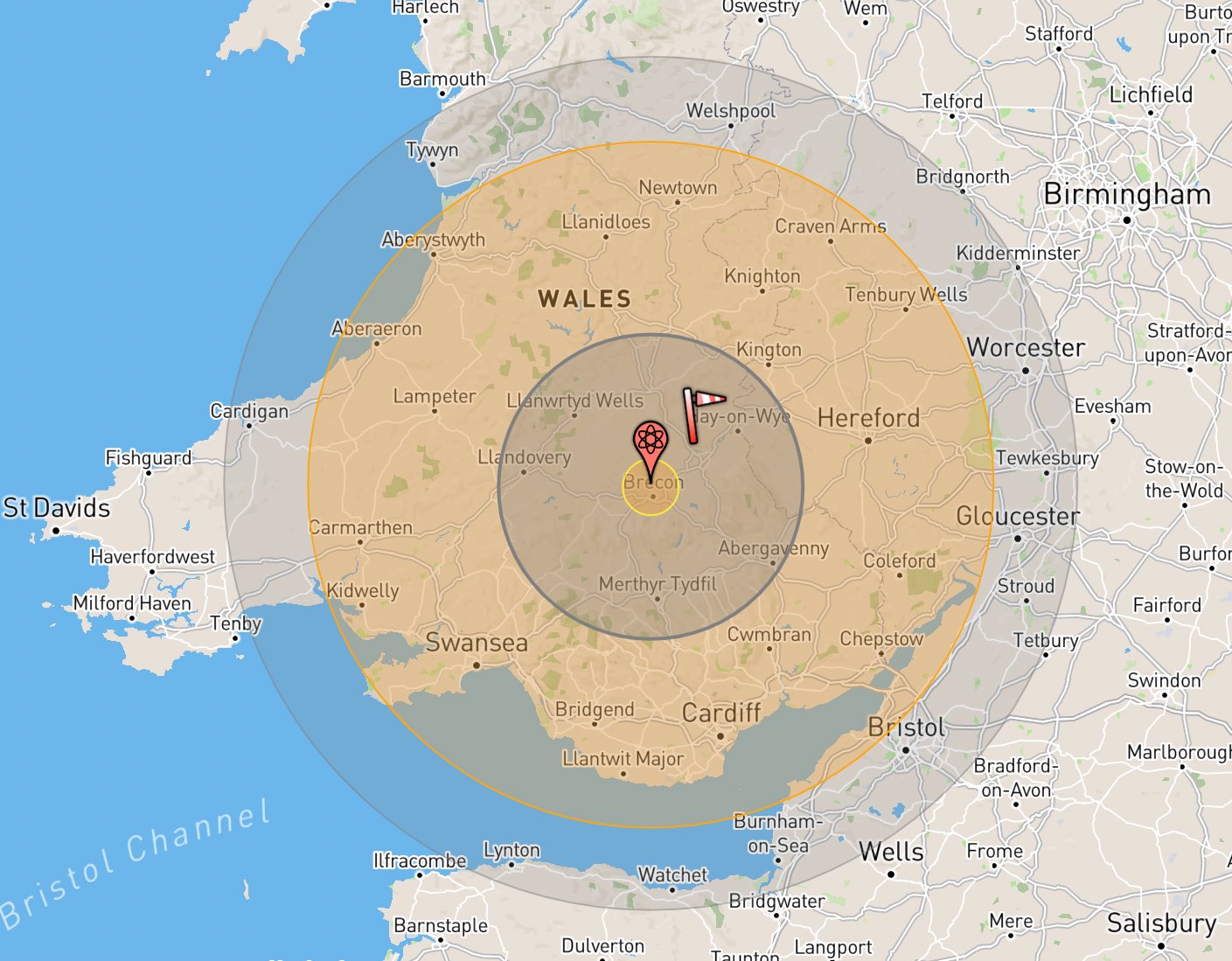 Mr. Showbiz OBE on X: "what you really want is the (theoretical) 100  megaton 'tsar bomba' to slam dunk right on brecon - minimal damage to  england though taking a bit of