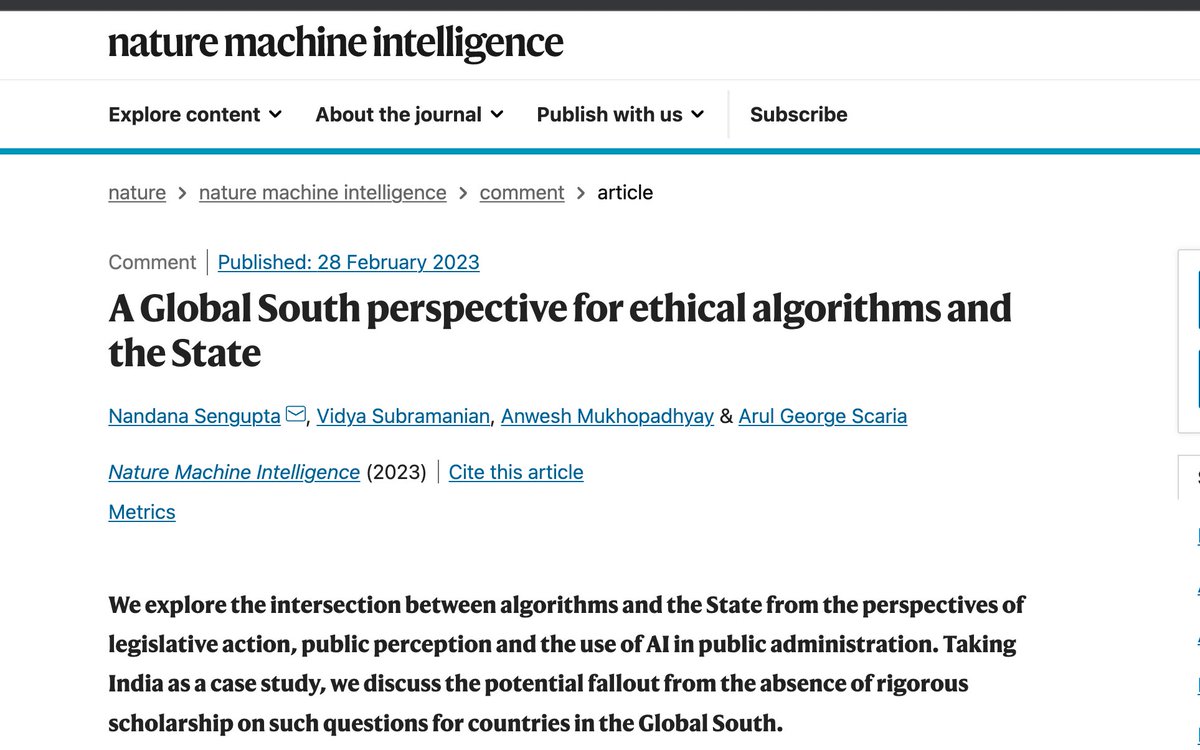 arulscaria's tweet photo. @NatMachIntell has just published 'A Global South perspective for ethical algorithms and the State ', the first output of a collaborative project with @NandanaSengupta (@iitdelhi).  This piece is co-authored with  @VidyaSubraman17 and Anwesh Mukhopadhyay. https://t.co/9dks6YR9Ky https://t.co/eIdP0Unuwv