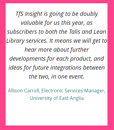 Remember to book your Early Bird 🐦 ticket to our two-day #HigherEducation Conference taking place in Birmingham, 26th to 27th April. 

Here's why #academiclibrarians are looking forward to attending, according to <a href="/UEALibrary/">UEA Library</a>! 

Book your ticket: talis.com/technology-fro…