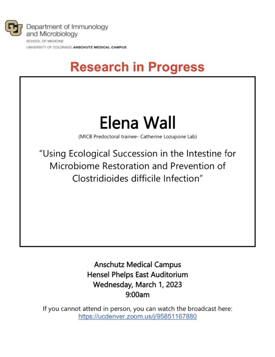 University of Colorado Immunology (@cuanschutz_immu) on Twitter photo An interesting RIP from Elena Wall of the <a href="/LozuponeLab/">Lozupone Lab</a> using ecological succession to combat C. diff infection An interesting RIP from Elena Wall of the <a href="/LozuponeLab/">Lozupone Lab</a> using ecological succession to combat C. diff infection