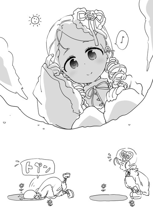 ファンボックスに『雨上がりの水溜まりを鏡にして前髪を直してるローゼンメイデンの金糸雀』リクエストが来たので描きました、後半はサービスでお付けしました 