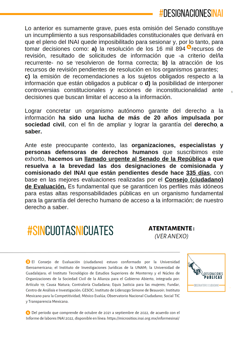 designaciones's tweet photo. #DesignacionesINAI | ⚠️ Más de 1️⃣0️⃣0️⃣ organizaciones/personas hacemos un llamado urgente al @senadomexicano a que resuelva las 2️⃣ designaciones pendientes en el @INAImexico desde hace 3️⃣3️⃣5️⃣ días y en función de las evaluaciones más altas.

#SinCuotasNiCuates
#PerfilesIdóneosYa https://t.co/I7GnQtCKHw