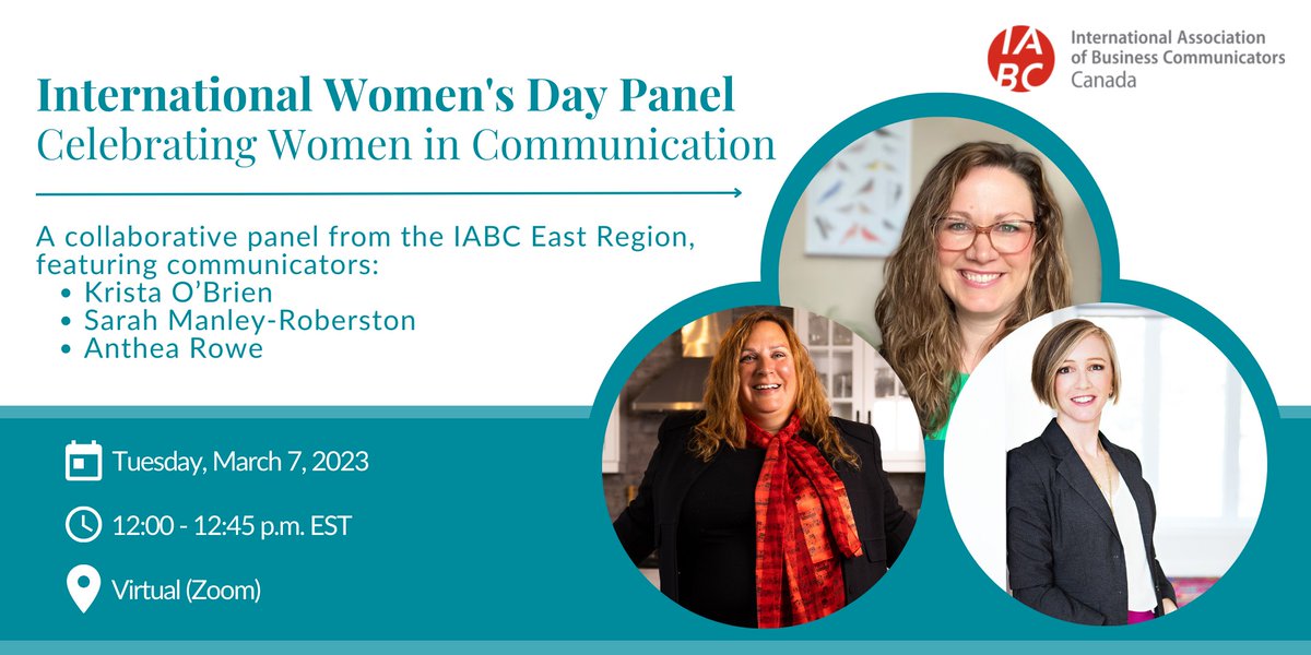 Join us, @iabcwaterloo and @IABCMaritimes on Mar. 7 for a panel discussion on Women in Communications. 

Krista O'Brien, Sarah Manley Robertson & Anthea Rowe will examine the state of women in leadership and how to best support each other in the workplace. ow.ly/MCgn50N4Gi5