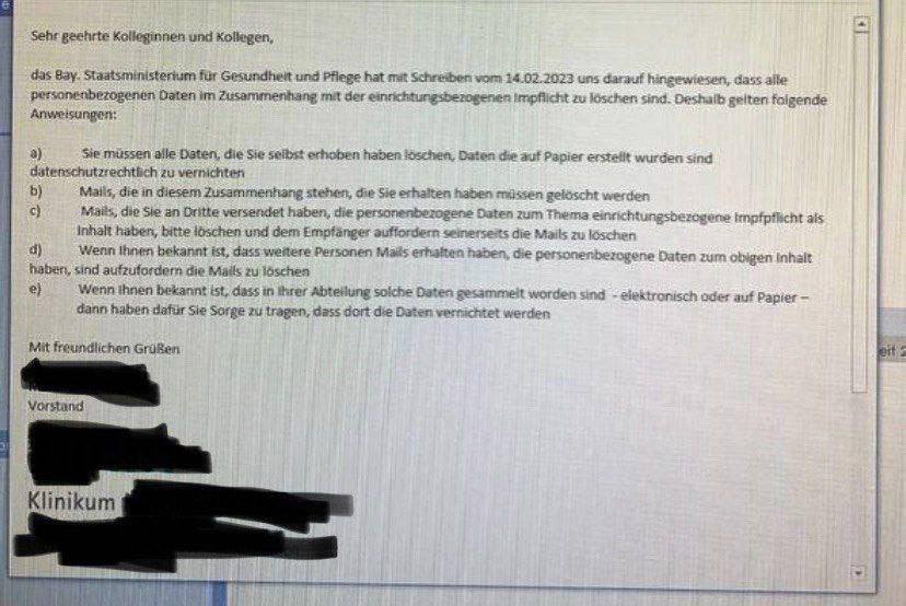 Man muss es selbst gesehen haben, sonst glaubt man‘s nicht. 

Da fordert ein Klinikum seine Mitarbeiter auf, sämtliche Unterlagen und Korrespondenz im Zusammenhang mit der einrichtungsbezogenen #Impfpflicht zu vernichten. 

Ich denke, das nennt man Vernichtung von Beweismitteln.