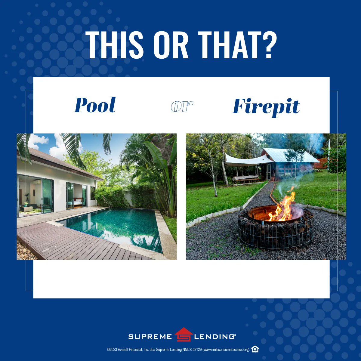 THIS OR THAT! Would you rather have a sparkling pool or cozy firepit in your dream backyard? With the right home financing, you may be able to have both! If you’re ready to take the plunge to purchase a new home or refinance to fund property renovations, we’re here to help.