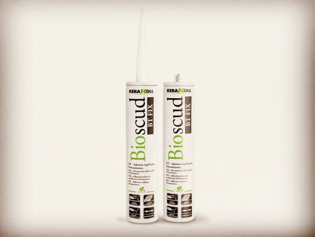 Adhesivo‑sellante ‘bituminoso’ elasto‑plástico, tixotrópico, para el encolado y el sellado impermeable sobre hormigón, vidrio, metal, madera, gres y PVC. Para el encolado en frío y la reparación de telas asfálticas/membranas bituminosas <a href="/kerakoll_es/">Kerakoll ES</a> #bioscud #impermeabilizaciones