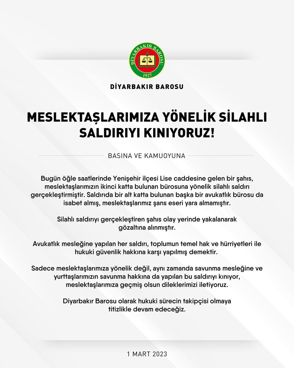 Diyarbakirbaro's tweet photo. MESLEKTAŞLARIMIZA YÖNELİK SİLAHLI SALDIRIYI KINIYORUZ! https://t.co/9NB0h1nnAe