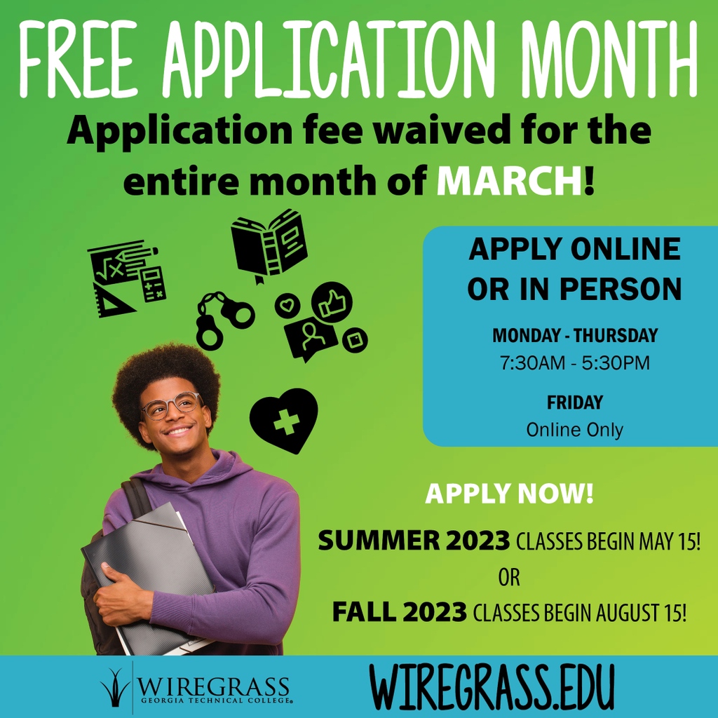 wiregrasstech's tweet image. Today kicks off Free Application Month for admission for Summer OR Fall Semesters!  Classes for Summer begin May 15 &amp;amp; Fall classes start Aug. 15.  Save money when you enroll during March.  #FreeApplicationMonth #SucceedSooner #ExpectMore