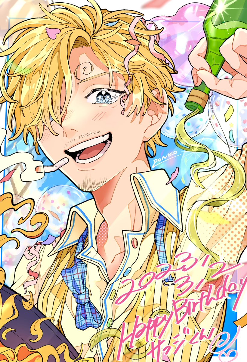 sanji (one piece) male focus 1boy blonde hair facial hair hair over one eye bottle smile  illustration images