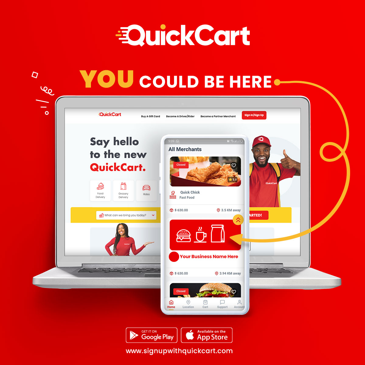Become a merchant in just 48 hours! 

No more fussing with complex systems or spending a fortune on customization, as we provide you with a turn-key hassle-free e-commerce and delivery solution.

For more information, visit partnerwithquickcart.com
