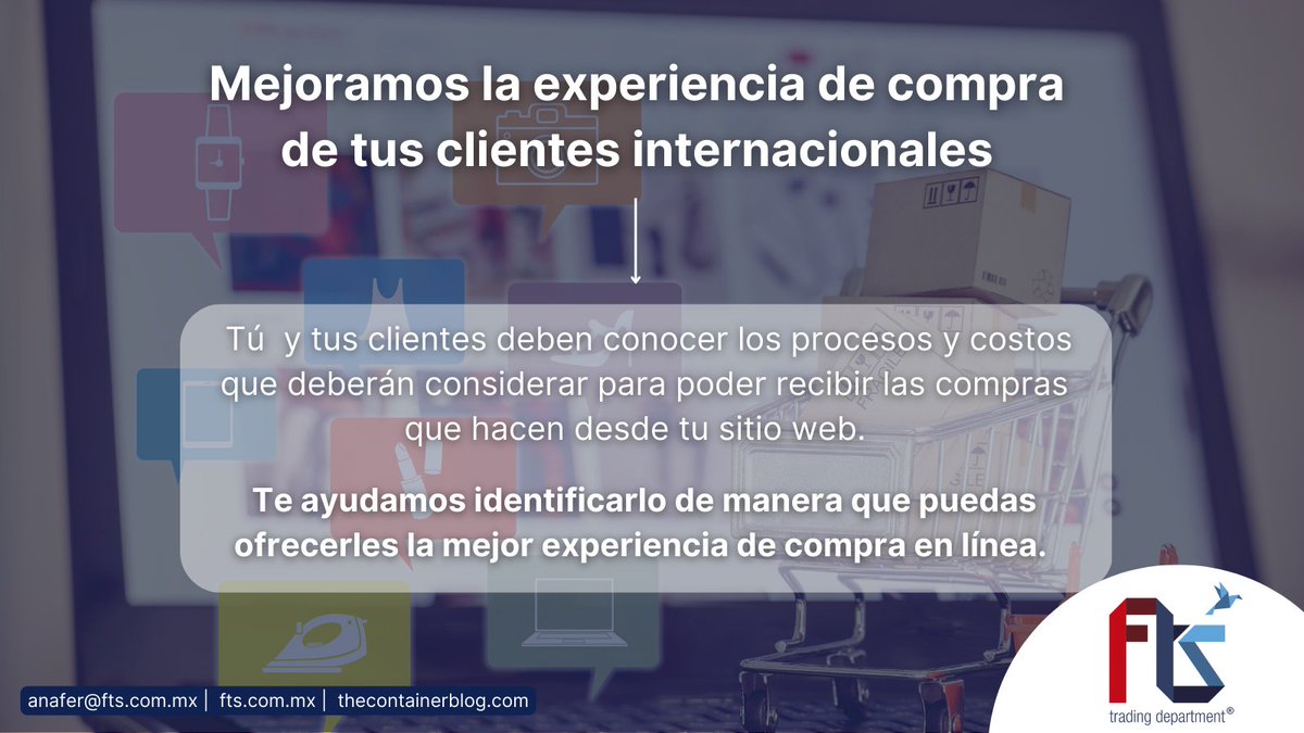 Considera que el hacer envíos al extranjero implica procesos y tarifas distintos a los que utilizas en tus ventas nacionales.  

¡Podemos ayudarte! 
Escribe hoy a anafer@fts.com.mx o visita fts.com.mx para conocer más. 

#crossborderecommerce ##ventasenlínea