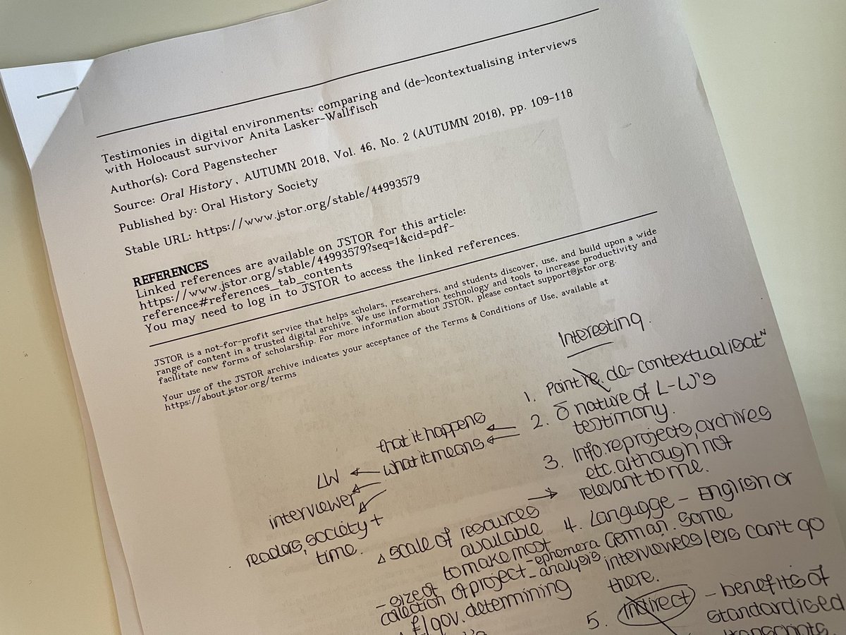 Today we read Pagenstecher’s text #Oralhistory in digital environments So much to think about inc. the changing nature of interviewees’ stories - over time, no of diff. interviews, who asks the ?s - &amp; risk of marginalising the voices of those who are not our ‘go to’ interviews 🤯