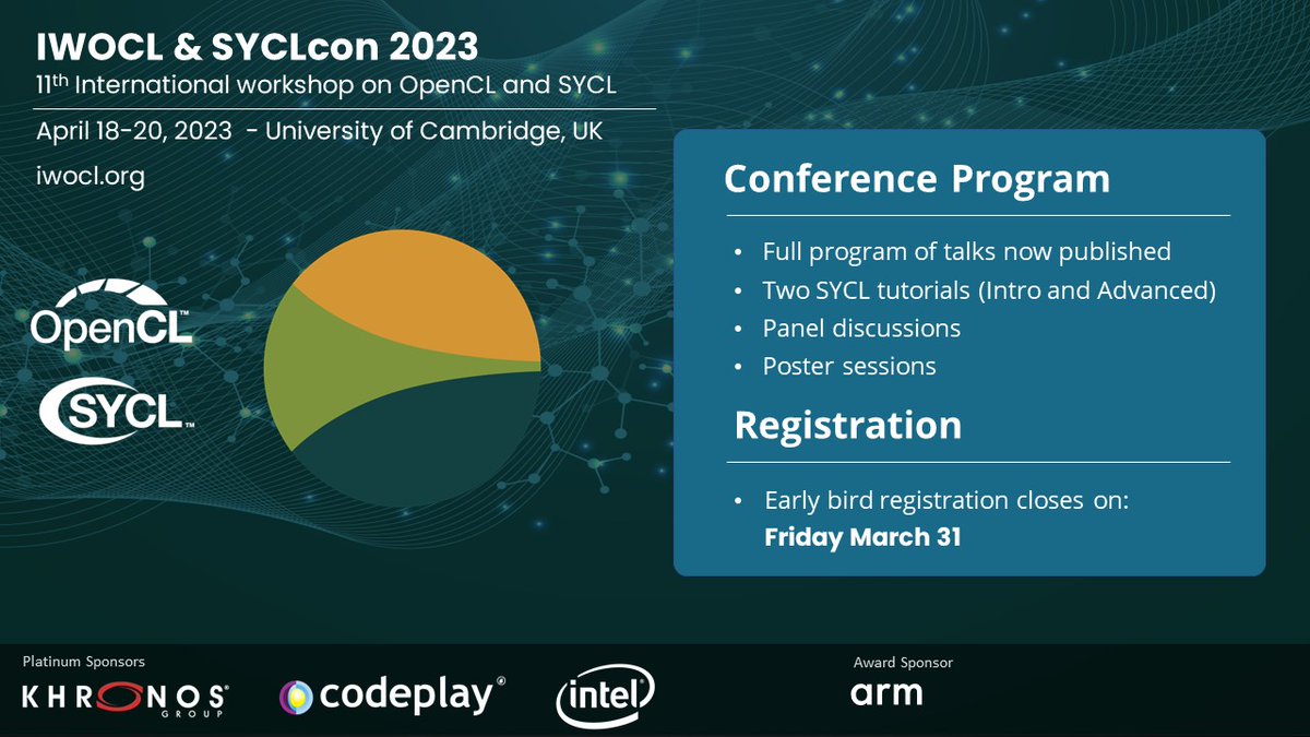 IWOCL and SYCLCON 2023 is back in person, and we're looking forward to welcoming everyone to the beautiful city of Cambridge, UK on April 18-20. We have a packed program of OpenCL and SYCL talks, tutorials, panels and posters. Full details at: iwocl.org