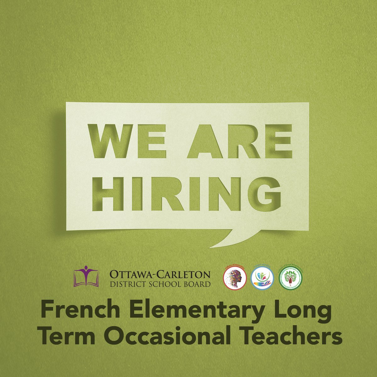 We're hiring! The OCDSB is currently looking to fill several immediate vacancies for French Elementary Long Term Occasional Teachers. Interested? Please send an email to dianne.robertson@ocdsb.ca to learn more.
