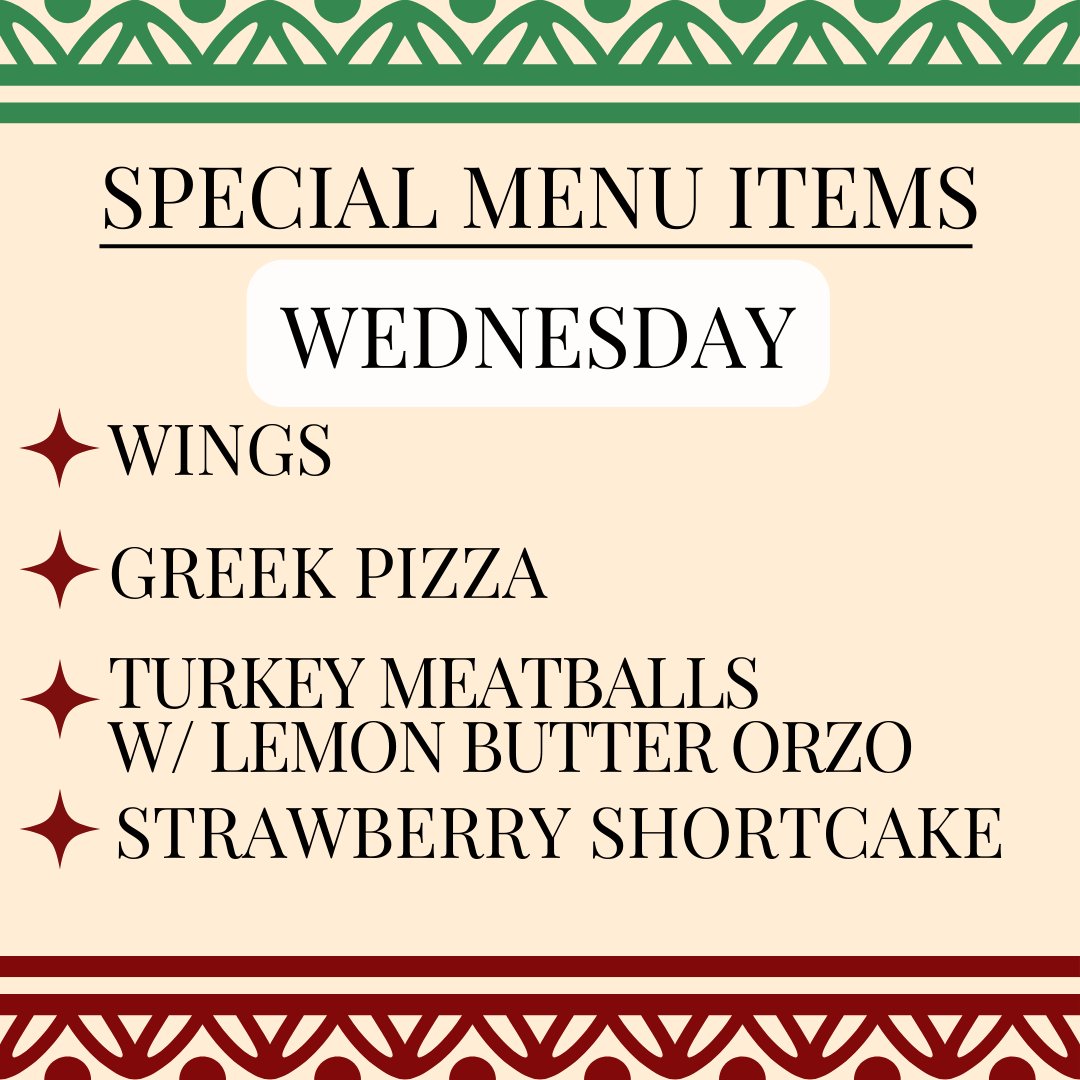 MarshallDining's tweet photo. Today's specials include classic Wings, a delectable Greek pizza, tantalizing Turkey Meatballs with Lemon Butter Orzo and a wonderfully tasty Strawberry Shortcake.

#herdfamily #marshallufamily #marshallustudents https://t.co/fXceKyLGKb