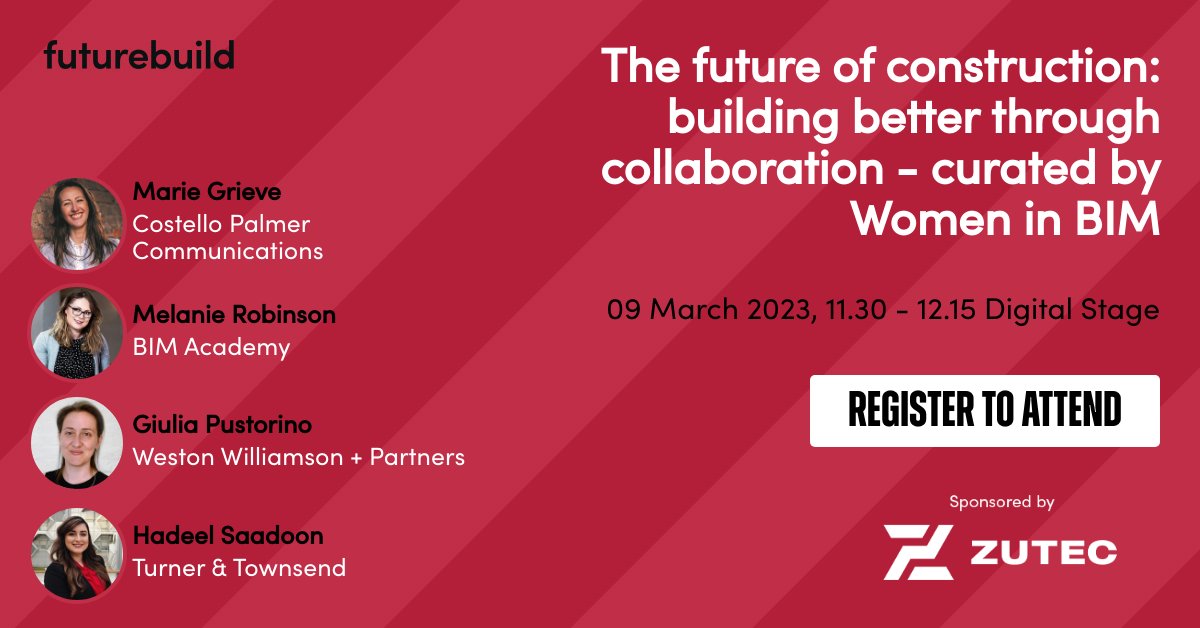 Next week <a href="/FuturebuildNow/">Futurebuild</a> don't miss our #womeninbim panel debate on the future of construction with WIB Executive Team Members <a href="/mariegrieve/">marie grieve</a> and <a href="/GiuliaPustorino/">Giulia Pustorino</a>, plus WIB Regional Leads <a href="/melaniejane25/">Melanie Robinson, PhD</a> and <a href="/HadeelSafaa/">Hadeel S. Saadoon</a>.
futurebuild.co.uk/activity/the-f…