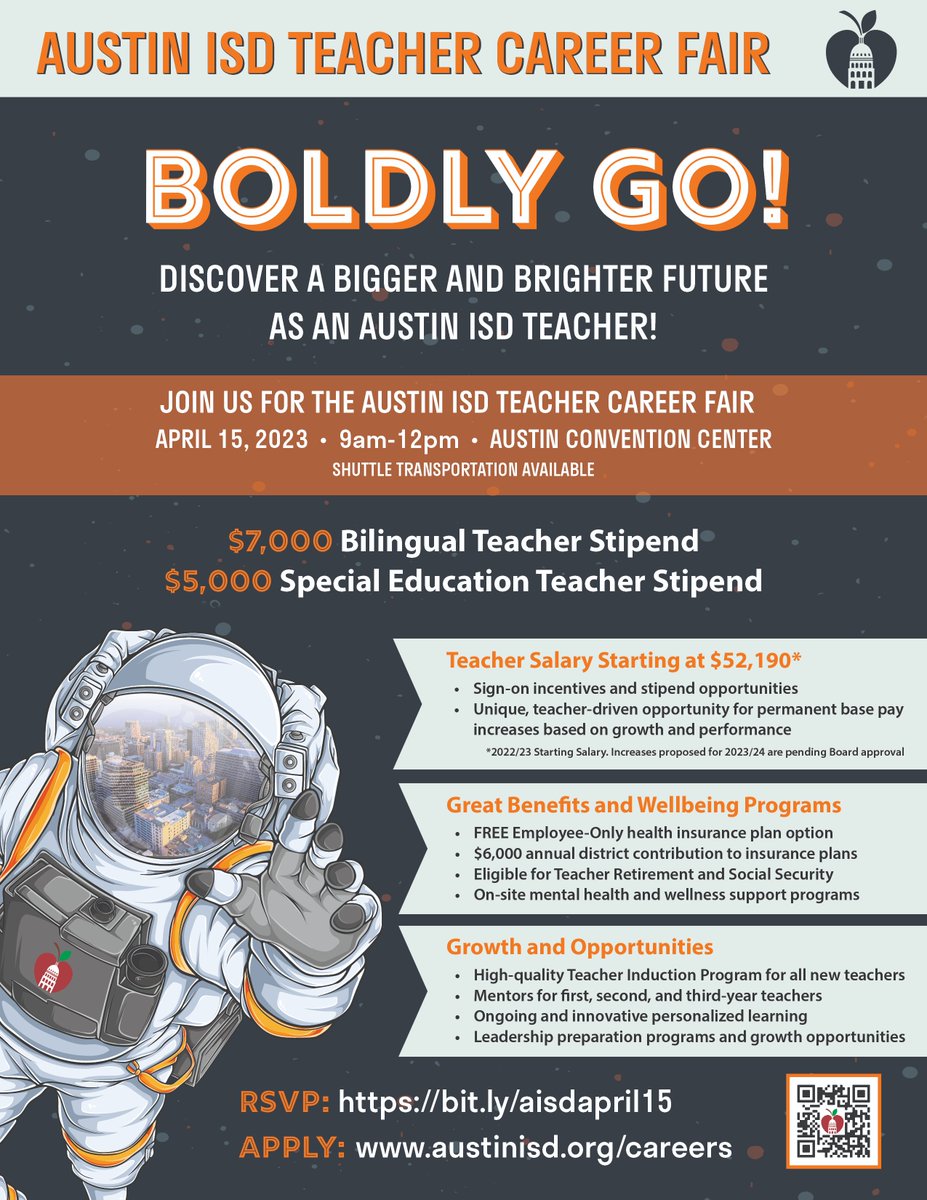 We are committing to increasing stipend amounts for Bilingual &amp; Special Education Teachers for 23-24!

$7k/year for Bilingual classroom teachers
$5k/year for Special Education classroom teachers

Come join our team! RSVP for our Teacher Career Fair today! bit.ly/aisdapril15
