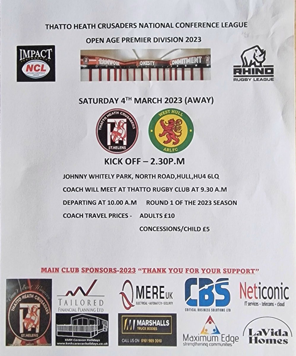 Round 1 of the <a href="/OfficialNCL/">National Conference League - RL</a> 2023 season begins for <a href="/ThattoRugby/">Thatto Heath Crusaders</a> with an away trip to <a href="/WestHullARLFC/">West Hull ARLFC</a>, big thank you to our major sponsors <a href="/ltd_tailored/">Tailored Financial Planning LTD</a> @mereuk <a href="/MaxEdgeCIC/">Maximum Edge CIC</a> <a href="/neticonic/">Neticonic</a> <a href="/KMH_Caravans/">KMH Caravan Holidays</a> marshalls truck bodies  critical business solutions and lavida homes