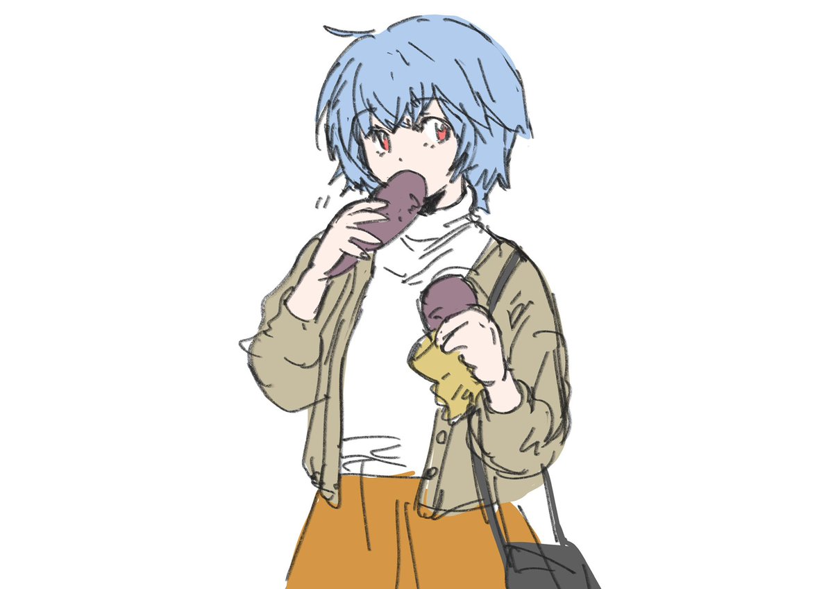 ayanami rei 1girl solo blue hair food red eyes eating short hair  illustration images