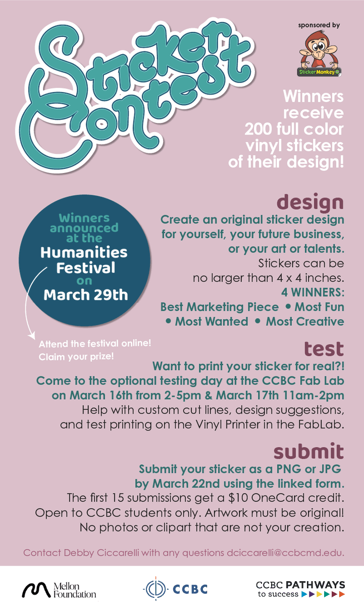CCBCartsandcomm's tweet photo. Open to CCBC Students only.

Humanities Festival Sticker Contest.
Enter by March 22 at https://t.co/RHrDM11549

For questions please contact Associate Professor Debby Ciccarelli at dciccarelli@ccbcmd.edu
#ccbcproud #ccbcmd https://t.co/jkeU2SH0mX