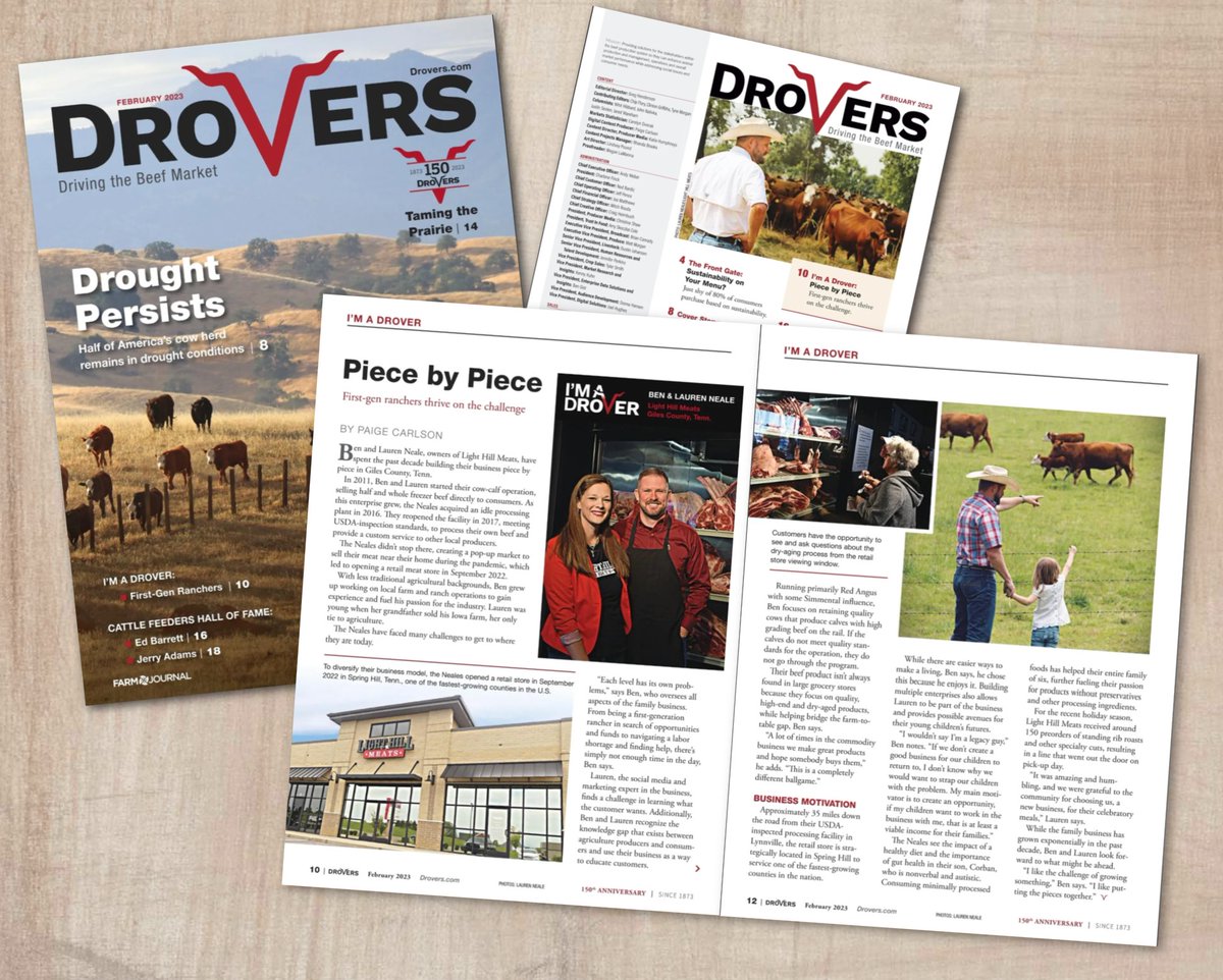 LaurenMNeale's tweet photo. Thanks to @DroversCTN for featuring our journey from cattle herd to processing facility and opening @lighthillmeats. Proud of for Ben taking on the entire #beef supply chain with the goal of providing middle Tennessee w/ better quality meats.  https://t.co/hXSCwrm4Gq https://t.co/STBRCeTp5s