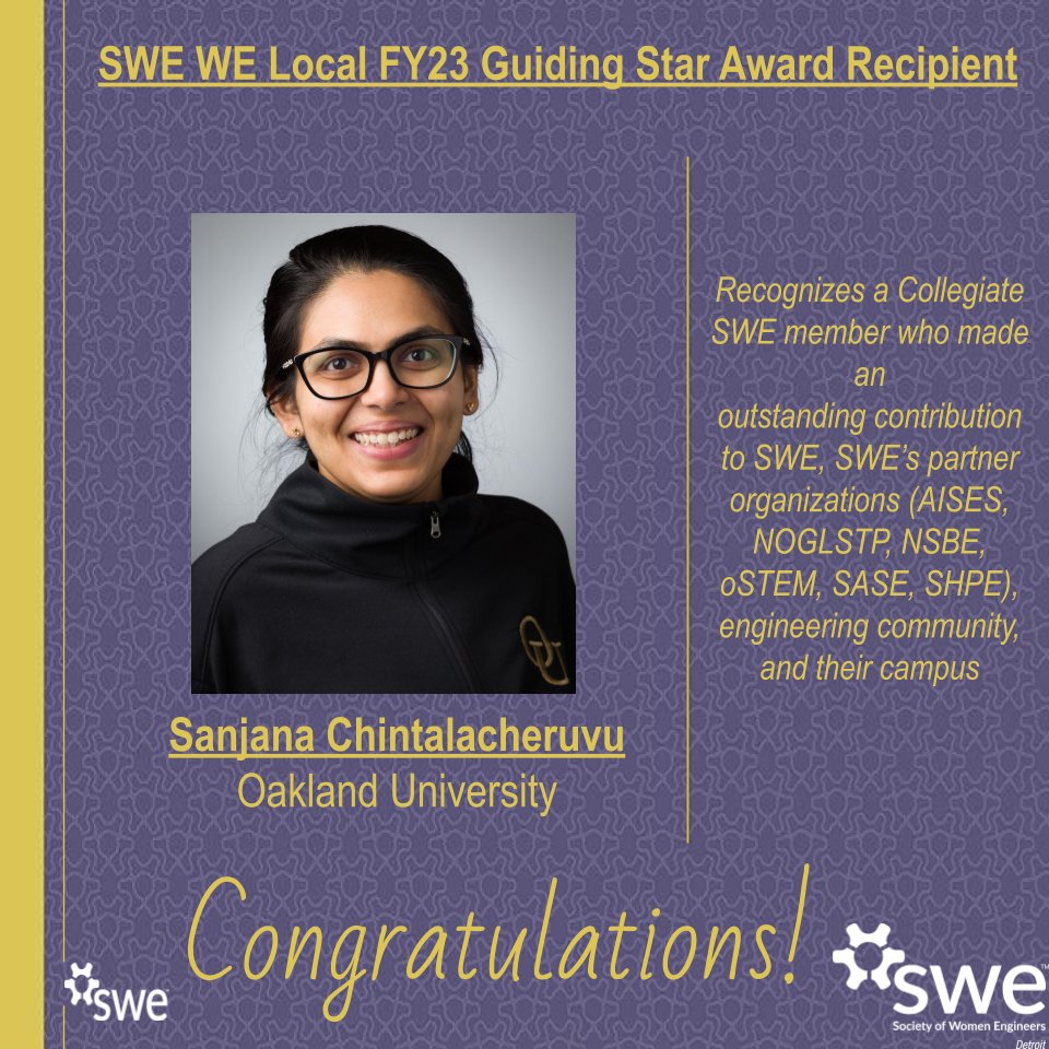 SWE-D congratulates Sanjana Chintalacheruvu for winning the WE Local FY23 Guiding Star Award!

#SWEDetroit #congratulations #WELocal23awardwinner