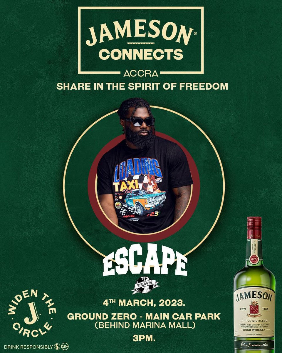 WILL BE HAVING A STAND AT THE #JamesonConnectsGH . 
PASS THROUGH AND GRAB YOUR T-SHIRTS‼️.
E S C A P E 🌍🇬🇭.
SEE YOU ALL ON SATURDAY ‼️