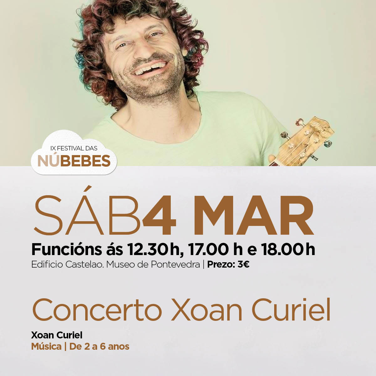 nubebes's tweet photo. Concerto de Xoan Curiel
Xoan cantará os temas dos seus recoñecidos discos infantís cos que percorre toda a xeografía galega coa súa *Banda do Verán*. 👉Estamos no verán!!!, A Casa do Terror e Canta miña pedra. https://t.co/P69HW2wZI0