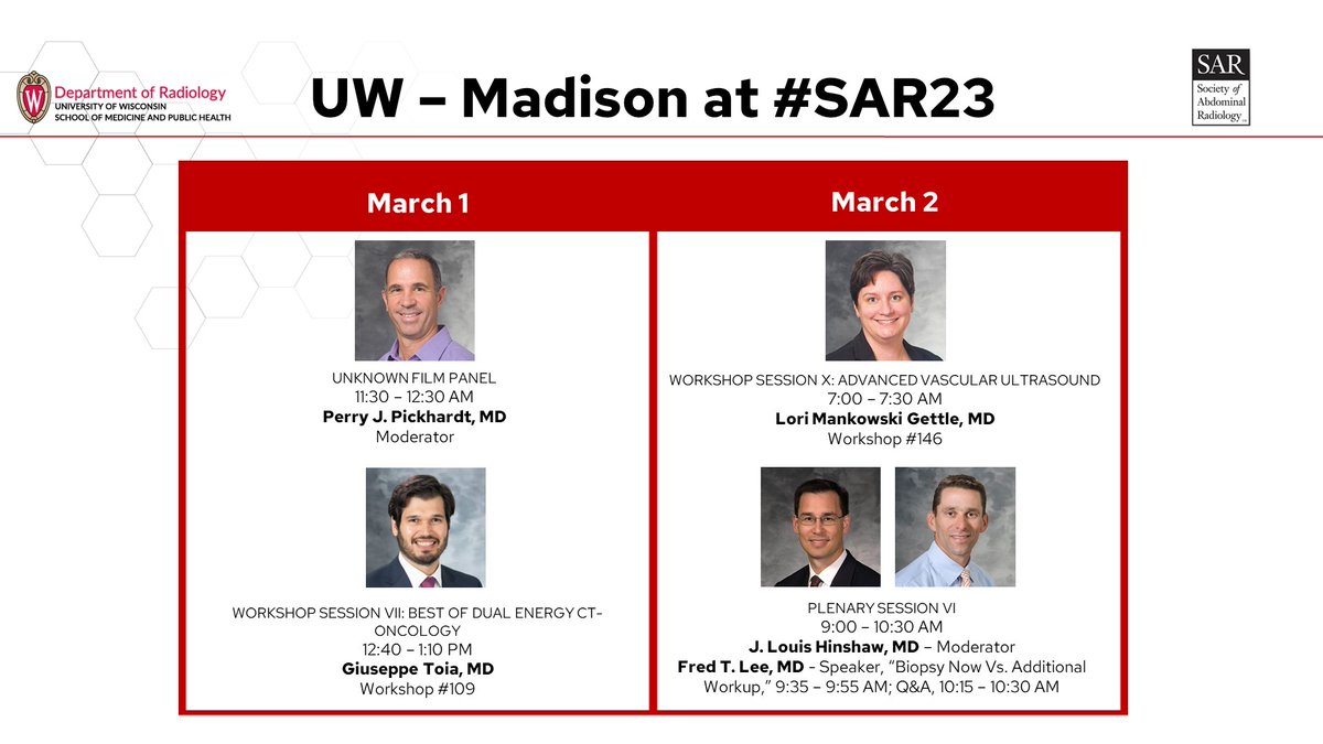 UW Radiology (@uwiscradiology) on Twitter photo In the last two days of #SAR23, keep an eye out for presentations by Perry Pickhardt, MD, @gvtoiaMD, <a href="/MankowskiGettle/">Lori Mankowski Gettle,MD,MBA</a>, Fred Lee, MD and J. Louis Hinshaw, MD! In the last two days of #SAR23, keep an eye out for presentations by Perry Pickhardt, MD, @gvtoiaMD, <a href="/MankowskiGettle/">Lori Mankowski Gettle,MD,MBA</a>, Fred Lee, MD and J. Louis Hinshaw, MD!