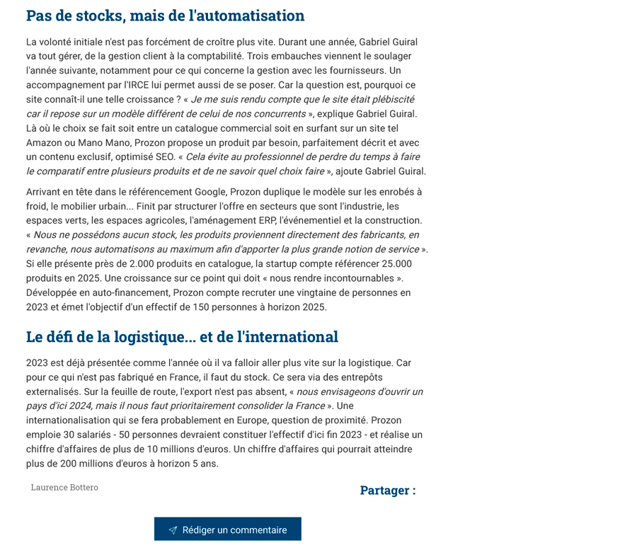 Prozon_com's tweet image. « Prozon, l’Amazon des fournitures techniques qui contre le business-model des #marketplaces. »

Prozon, c'est le choix de ne référencer qu'un produit par besoin, au meilleur prix. 

Une #stratégie à part et un pari qui fonctionne ! 📈
En 2022 : 30 recrutements, 5 millions de CA.