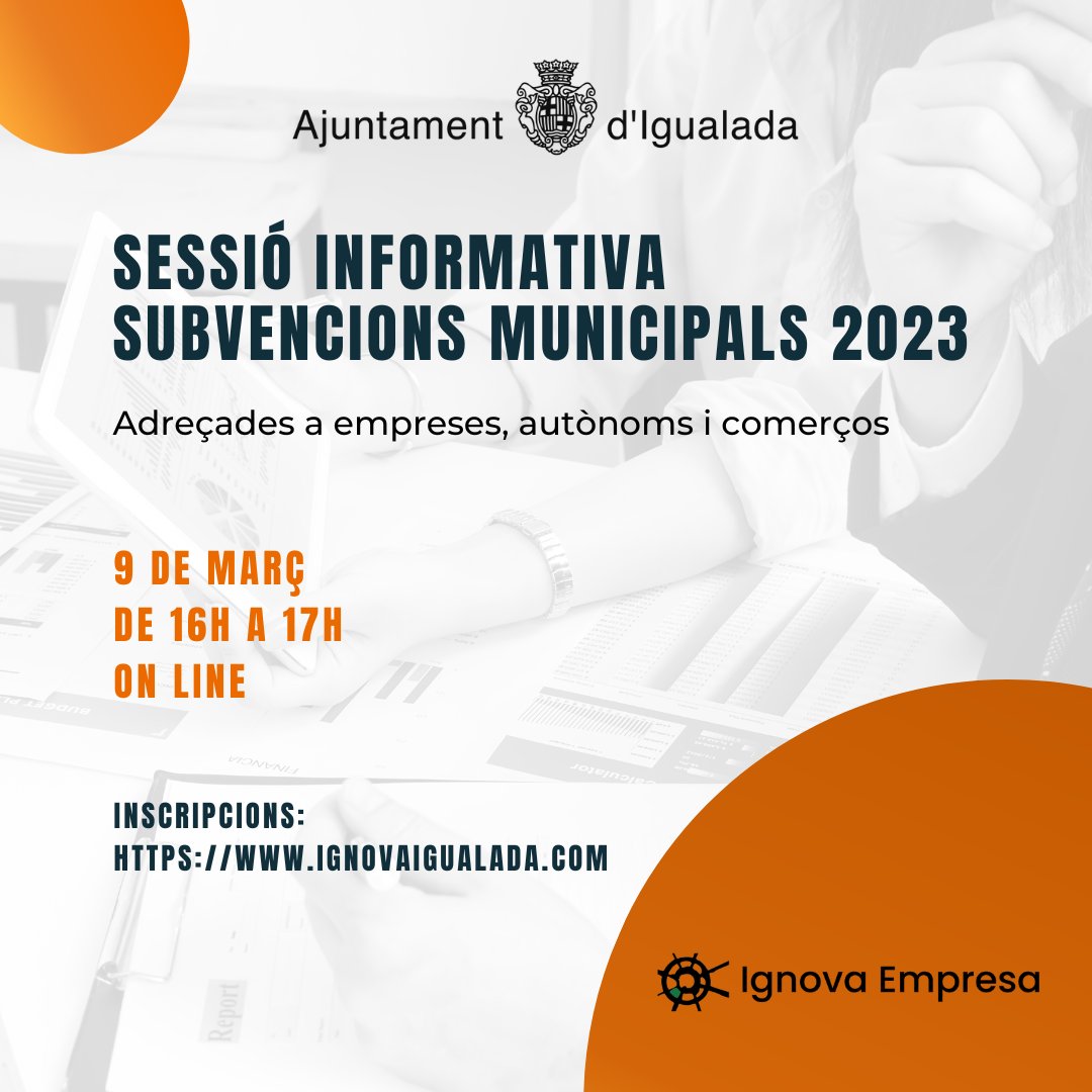 L'àrea de dinamització econòmica de l'Ajuntament d'Igualada hem aprovat diverses línies de subvencions per empreses i autònoms
➡️Si vols conèixer-ne més detalls assisteix a la sessió informativa online, dijous 9 de març de 16 a 17h
ℹ️ Inscripció:
ignovaigualada.com/events-2/prese…