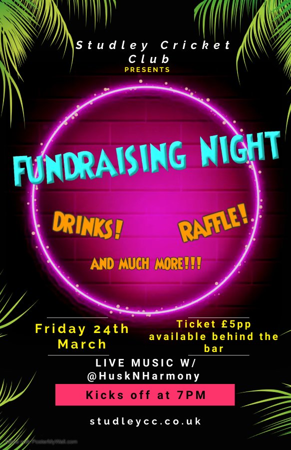 We are happy to announce our first cricket fundraiser of the year, live music provided by HusknHarmony! 

Tickets are £5 and available from behind the bar at Studley Cricket Club. 

 Friday 24th March - doors at 7pm, music from 8. 

Please come and show your support for SCC.