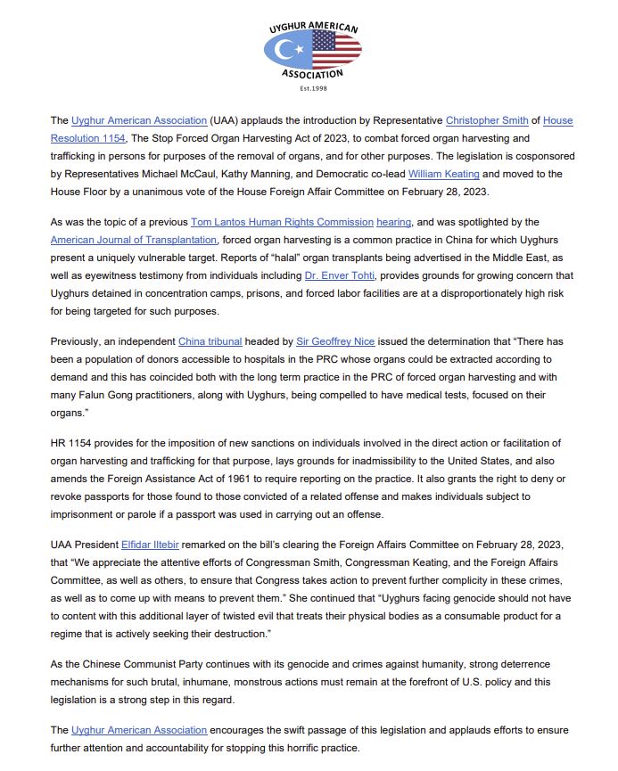 Uyghur_American's tweet photo. UAA's Press Release on the "Stop Forced Organ Harvesting Act of 2023" 
#StopUyghurGenocide https://t.co/suR5rlTytR