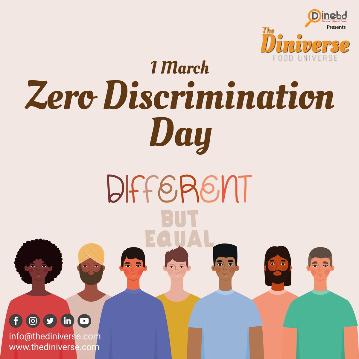 The_Diniverse's tweet image. Zero Discrimination Day highlights how people can become informed about and promote inclusion, compassion, peace and, above all, a movement for change.

#zerodiscriminationday #movement #dinebd #thediniverse #emagazine #fooduniverse