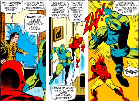 MarvelADay's tweet photo. #MarvelADay #IM45 Things are getting dicey outside! Kevin decides to put a stop to things, but Iron Man decides to put a stop to Kevin! - VA https://t.co/r7YdvX4kZL