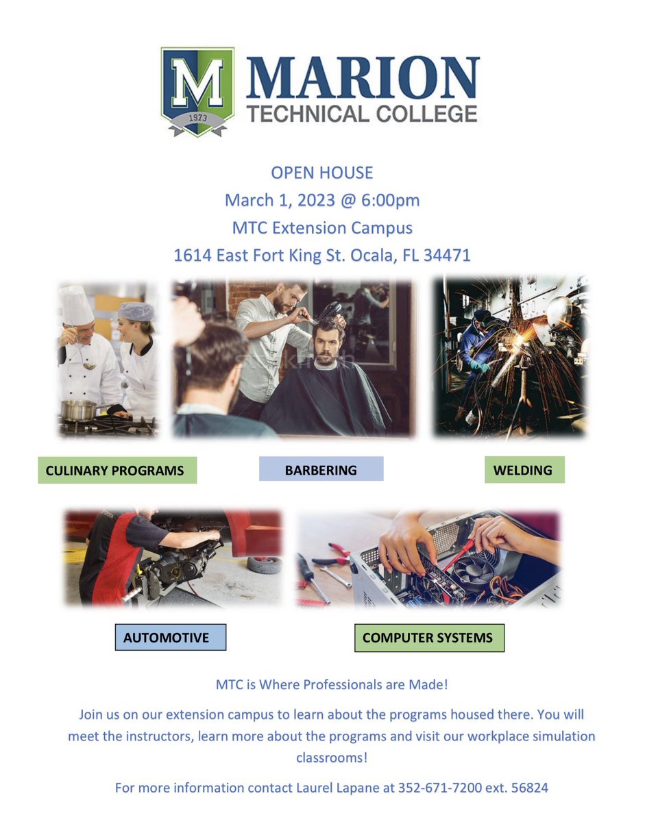 Marion Technical College (@mymariontc) on Twitter photo Don’t forget about this event tonight! 
If you are interested in any of the programs at our extension campus - come check out our open house! You will get to speak with instructors, see inside the classroom & labs, & ask questions! 
We hope to see you tonight! Don’t forget about this event tonight! 
If you are interested in any of the programs at our extension campus - come check out our open house! You will get to speak with instructors, see inside the classroom & labs, & ask questions! 
We hope to see you tonight!