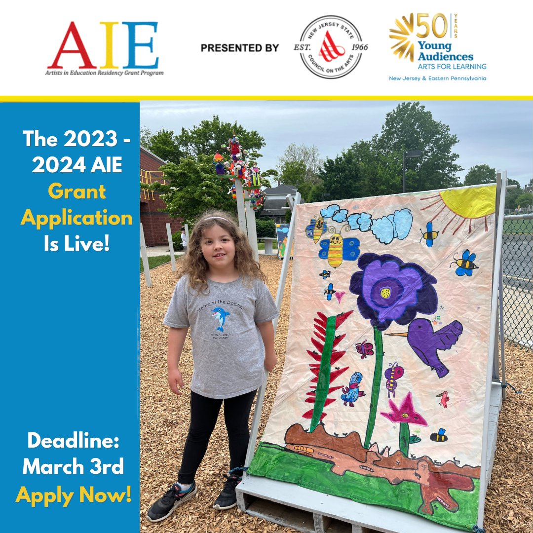 APPLICATIONS DUE ARE DUE FRIDAY! AIE is currently accepting applications for the 23-24 school year. Grants are worth over $11,000 and enable NJ schools to have a teaching artist work with their students. More information can be found at njaie.org. #njarts