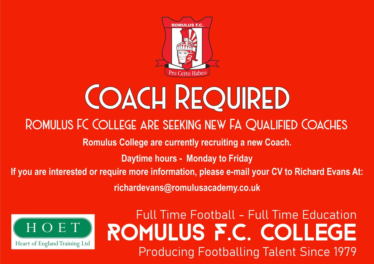 We are looking for a new Coach to be a part of the @Romulus_fc College. #WeAreHiring #FootballCoach #FootballEducation