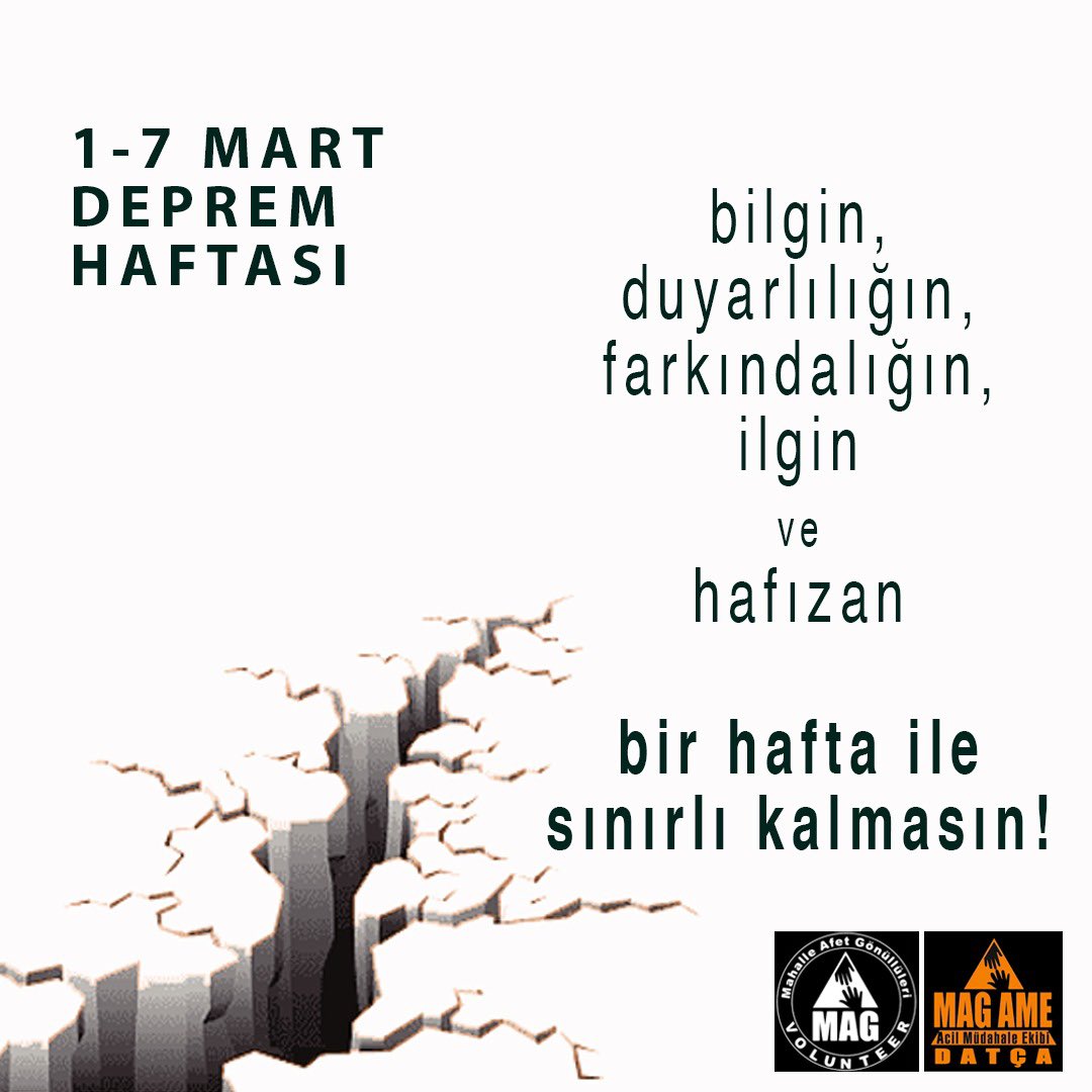ozgecdenizci's tweet photo. 1-7 Mart Deprem Haftası. Bilgi, duyarlılık, farkındalık, ilgi ve Hafıza bir hafta ile sınırlı kalmasın! #magame #mag #datçamagame #mahalleafetgönüllüleri #deprem #depremhaftası https://t.co/hebxHKCHvR
