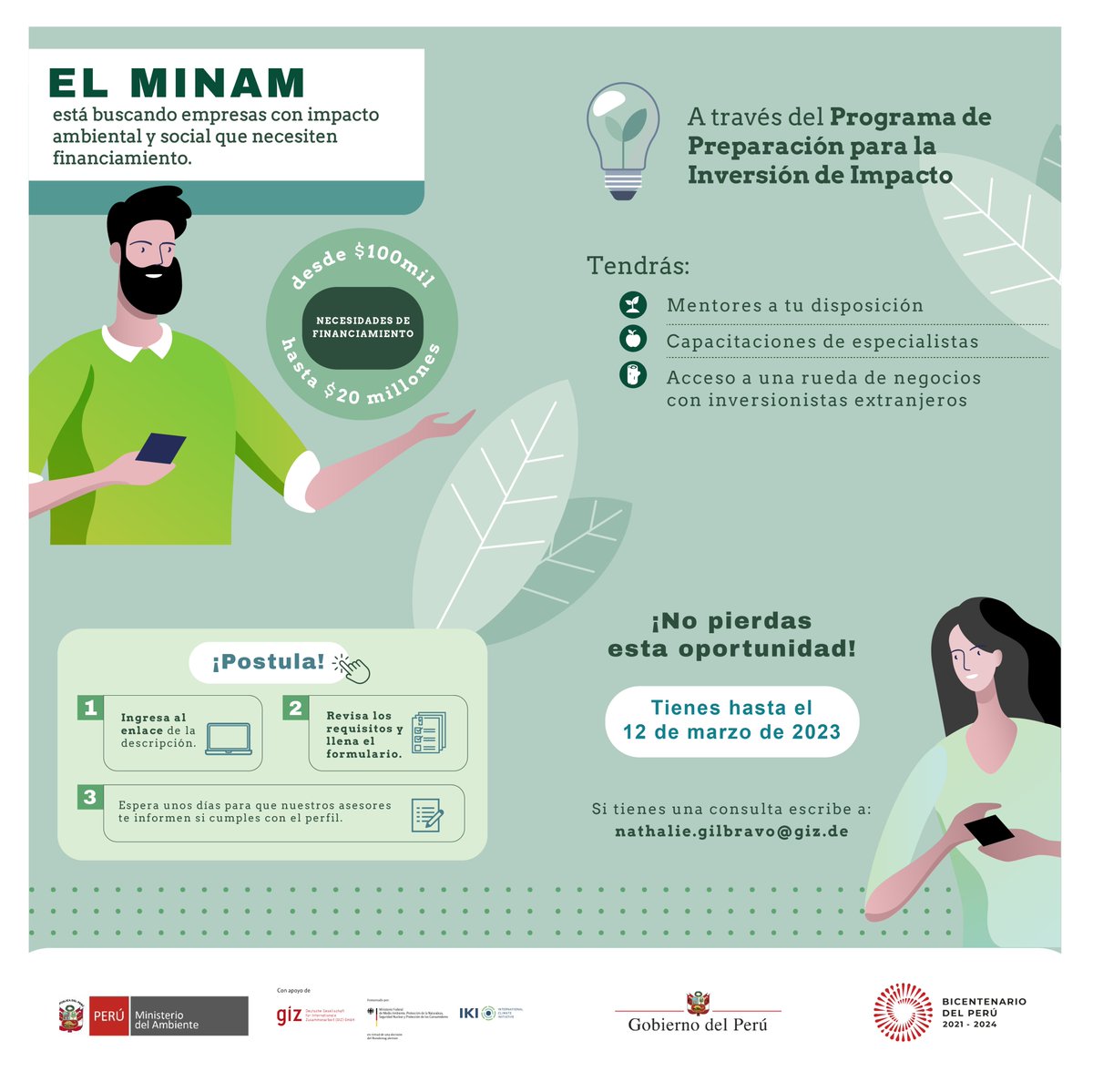 MinamPeru's tweet image. 📢 ¡Atención, empresarias y empresarios! Minam ofrece un programa para fortalecer sus habilidades.
📌Postula➡️ bit.ly/3Y4MpcI hasta el 12/3
📌Charla informativa 6/3 ➡️ bit.ly/Charla-informa…
📌 Consultas: nathalie.gilbravo@giz.de
#InversiónDeImpacto #Bionegocios