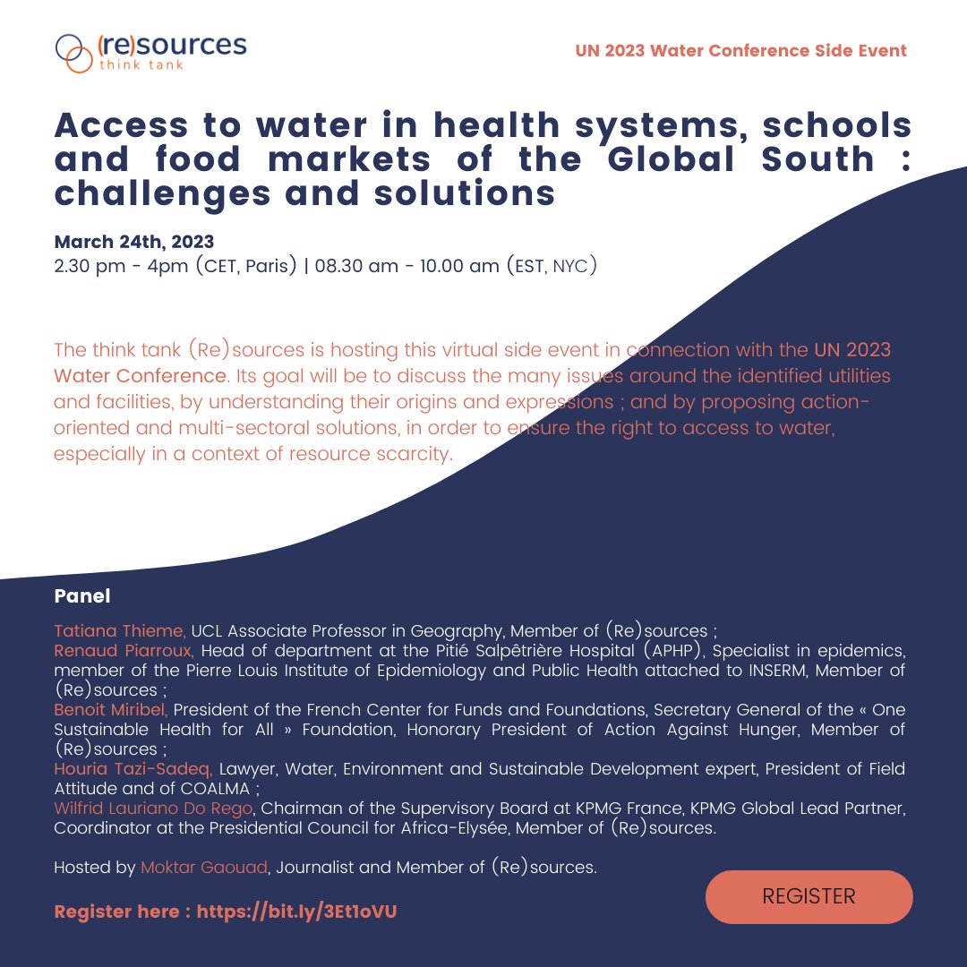 💡(Re)sources is organizing an online side-event during <a href="/UN_Water/">UN-Water</a> Conference on "Access to #water in #health systems, #schools and #food markets of the Global South : challenges and solutions"

🗓️ March 24th 2023, 2.30 - 4.00pm (CET, Paris)

📝 Register ▶️ lnkd.in/es9QA6aq