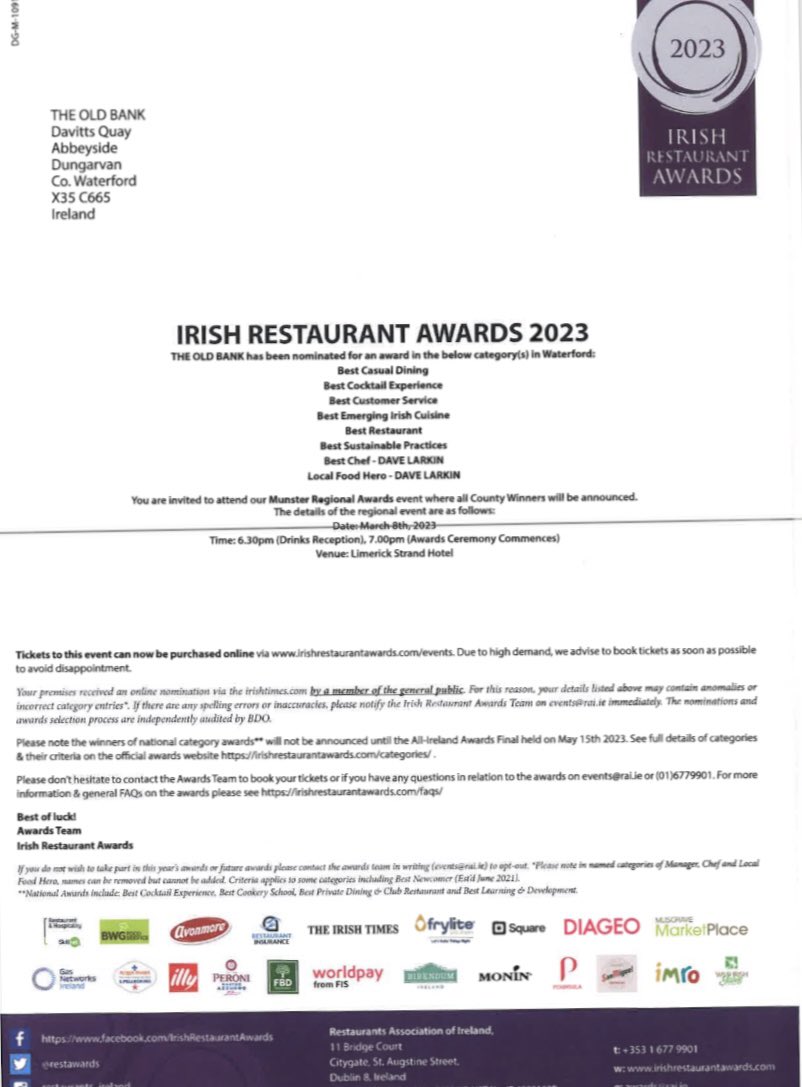 Thank you to all who nominated us @TheOldBank_IRE and myself in all these categories @restawards #honoured 🙌🏻