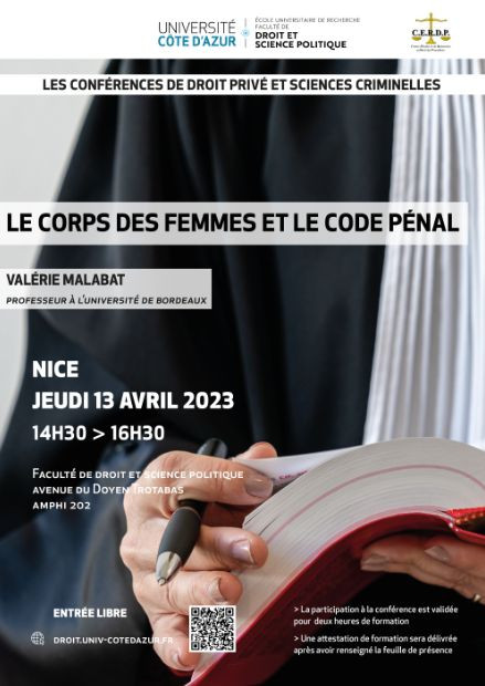 [Conférence] 13/04 | Le corps des femmes et le code pénal. @Univ_CotedAzur @DroitScPoNice @cerdp1201 univ-droit.fr/actualites-de-…